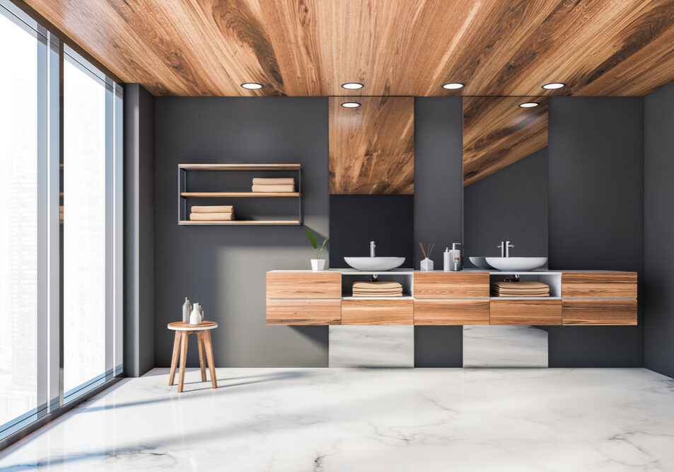 Interior,Of,Spacious,Luxury,Bathroom,With,Grey,Walls,,Marble,Floor,