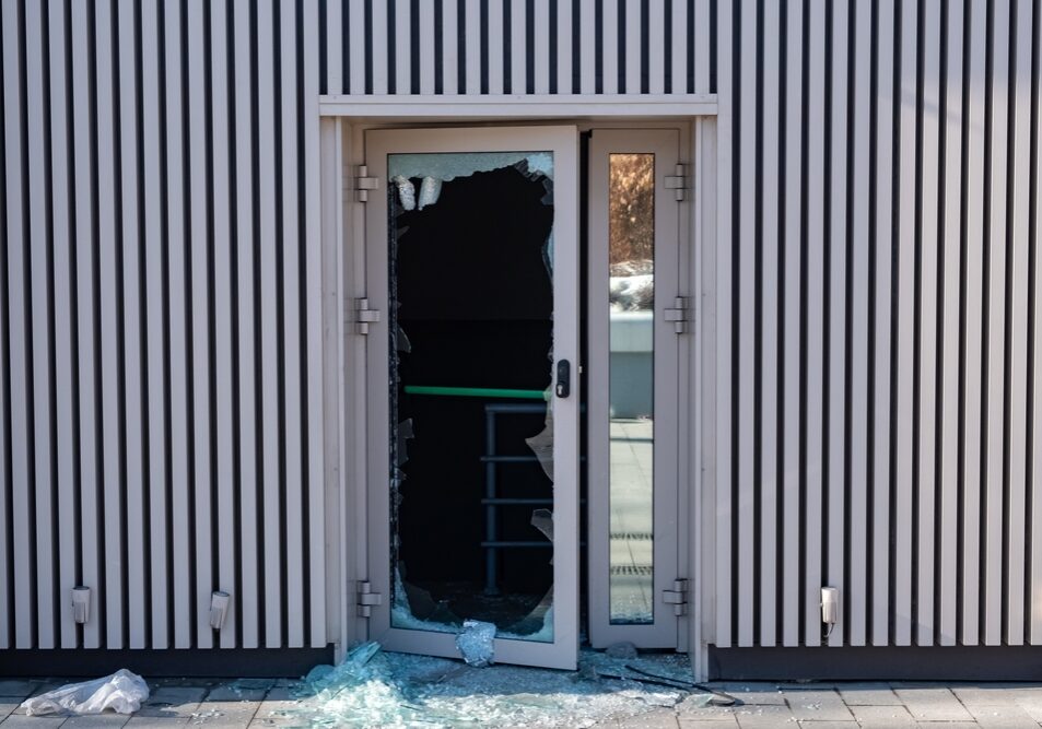 Broken,Glass,Door,In,Shopping,Mall.,Vandalism,,Burglary,Concept.,Insurance